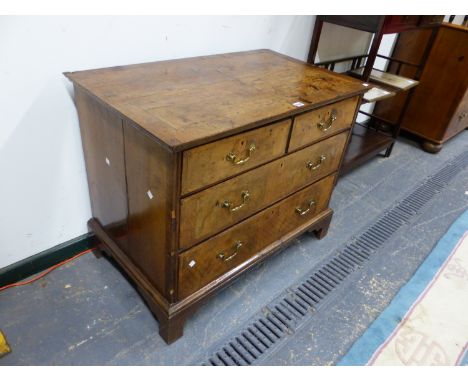 AN INLAID WALNUT GEORGIAN AND LATER SMALL CHEST OF FOUR DRAWERS, BRACKET FEET.  H. 73 x W. 91 x D. 54cms.