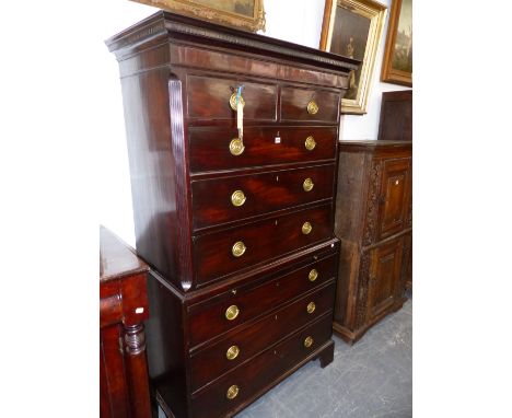 A GEO.III.MAHOGANY TALL BOY CHEST ON CHEST OF TWO SHORT AND SIX LONG GRADUATED DRAWERS OVER BRACKET FEET.   W.110 x D.55 x H.