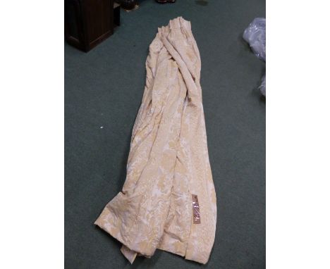TWO PAIRS OF LINED AND INTERLINED CREAM BROCADE PATTERN CURTAINS.