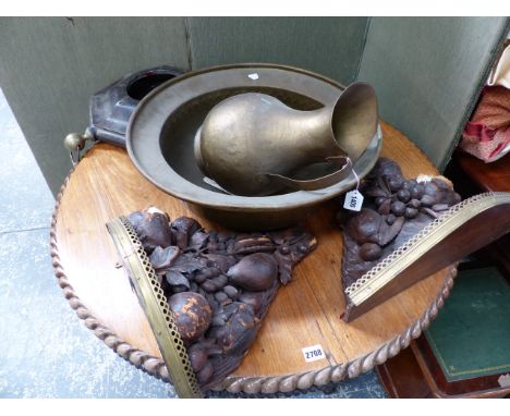 AN ANTIQUE CHINESE EXPORT BRASS JUG AND BASIN, ETCHED FLORAL DECORATION, TOGETHER WITH TWO ANTIQUE LEATHER FRUIT DECORATED BR