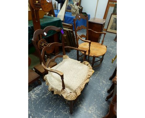 TWO FRENCH RUSH SEATED LADDER BACK ARMCHAIRS.