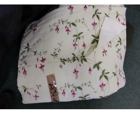 A PAIR OF FUSCHIA EMBROIDERED CREAM LINED CURTAINS, TOGETHER WITH A LARGE FOLIATE EMBROIDERED LINEN PANEL.