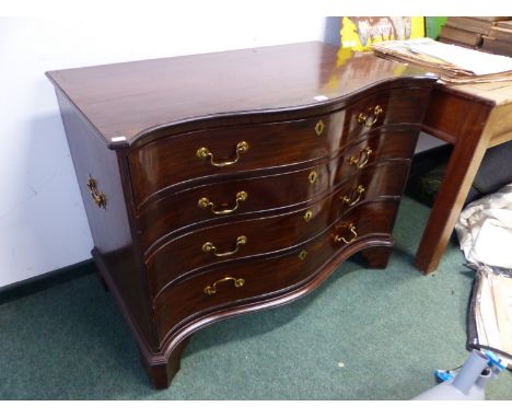 AN 18th.C.AND LATER MAHOGANY SERPENTINE CHEST OF FOUR LONG DRAWERS ON SHAPED BRACKET FEET.   W.106 x D.61 x H.81cms.