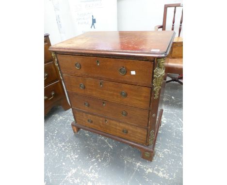 A SMALL 19TH CENTURY FOUR DRAWER CHEST WITH BRASS MOUNTS ON BRACKET FEET 67CM WIDE X 74 CM HIGH