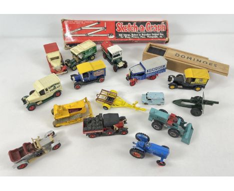 A collection of assorted vintage diecast vehicles together with a Sketch-a-graph toy &amp; boxed dominoes. Diecast to include