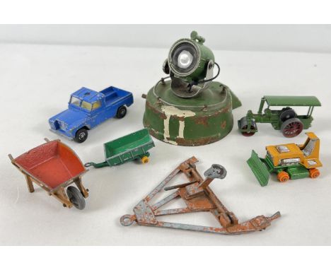 A collection of assorted vintage mixed diecast vehicles and accessories. To include: Astra Pharos 1950's searchlight, Dinky T