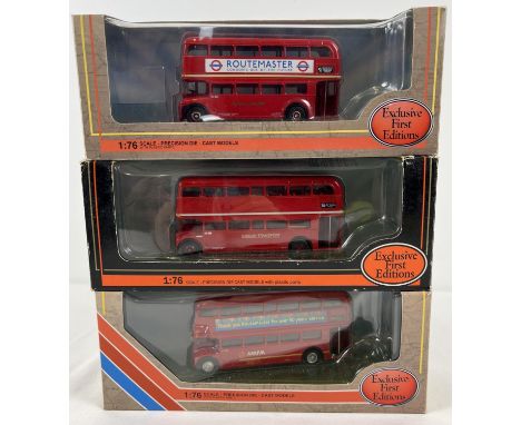 3 boxed Exclusive First Editions 1:76 scale diecast buses by Gilbow. Routemaster Protoype RM2 London Transport 30303, RML Rou