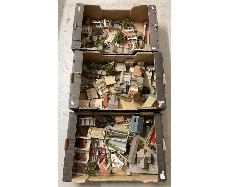 3 boxes of model railway buildings, trees, shrubbery and accessories. Some made from cardboard kits, to include examples by H