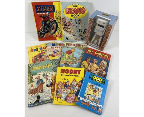A boxed Confused.com Brian the robot toy together with a collection of assorted books and annuals to include Noddy &amp; Rupe