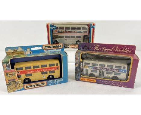 3 boxed buses by Matchbox and Corgi. Superkings K-15 Berlin Bus, Matchbox The Royal Wedding 1981 and Corgi 471 London Transpo