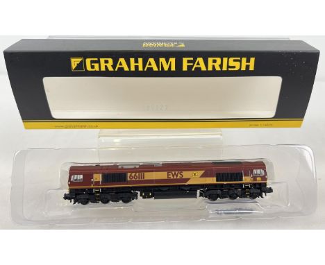 A boxed&nbsp;1:148 scale, N gauge Graham Farish by Bachmann model railway 371-384A Class 66 6611 EWS diesel locomotive.