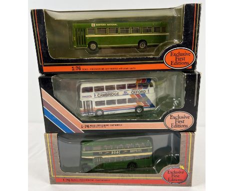 3 boxed Exclusive First Editions 1:76 scale die cast model buses by Gilbow. Bristol FLF Lodekka Eastern National 14205, Brist