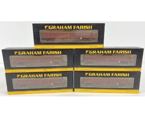 5 boxed Graham Farish 377-651A MBA Megabox High Sided Bogie Box Wagons (without buffers), EWS (weathered). By Bachmann, 1:48 