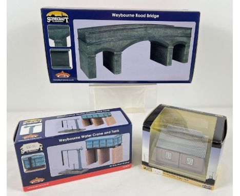 3 boxed model railway buildings and accessories by Bachmann. N scale Two Road Brick Engine Shed, OO scale Weybourne Water Cra