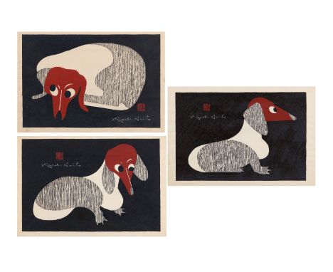 KIYOSHI, SAITÔQ 1907 - 1997 Three framed woodblock prints with dachshunds.  Japan. Shôwa period. Woodblock print. 43x28cm. Si