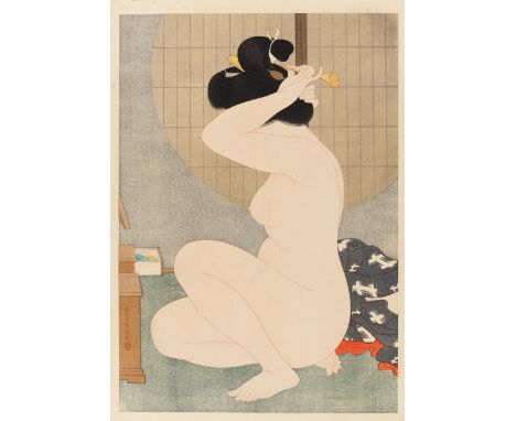 HAKUHO, HIRANO 1879 - 1957 Woodblock print: At hair dressing.  Japan. Shôwa period. 4th month 1932. Nishiki-e, gomazuri, kime