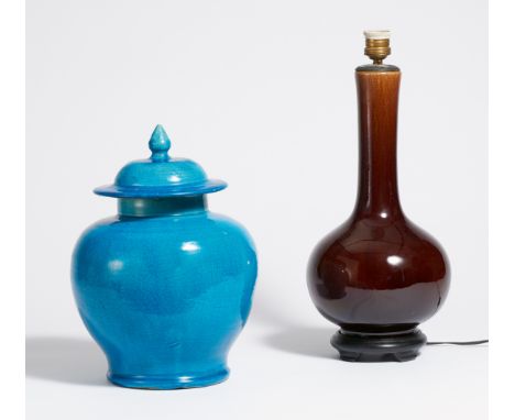 LIDDED VASE AND LONG-NECKED VASE.  China. a) Lidded vase. Stoneware with peacock blue glaze in Fahua type. Glaze chipped at t