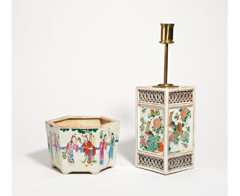 SQUARE LAMPSTAND WITH PHOENIX BIRDS AND HEXAGONAL PLANTER WITH PERSONS.  China. 19th-20th c.  Porcelain painted in famille ro