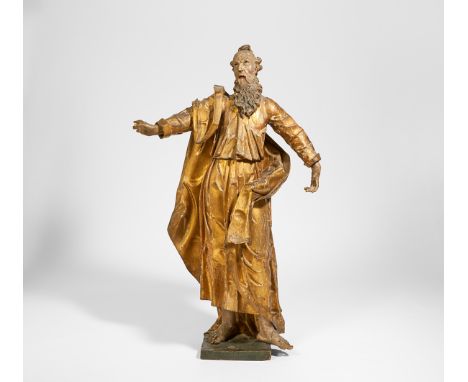 APOSTELFIGUR. Süddeutschland. 18.Jh. Holz geschnitzt mit Gold gefasst. H.121cm. Zustand C. Provenienz:Privatsammlung Baden-Wü