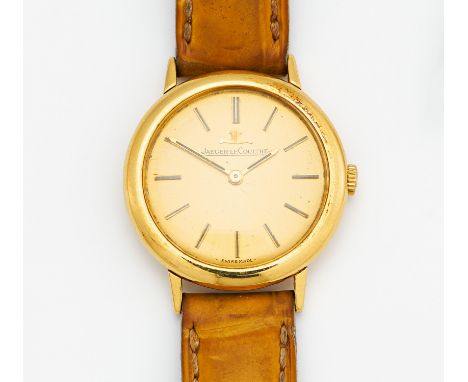 JAEGER LECOULTRE. Armbanduhr. Schweiz. Um 1960. Handaufzug. 750/- Gelbgold, Orig. Lederband, Zffbl. lackiert, bedruckt, Zeige