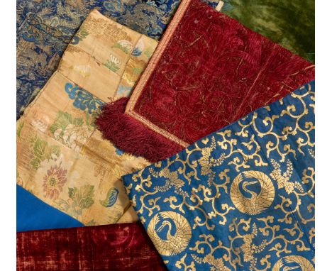 SIX TEXTILES.  Japan/Europa. 18th-19th c.  Silk and other fabrics. Nishiki and kinran with gild paper strips. Silk velvet. a)