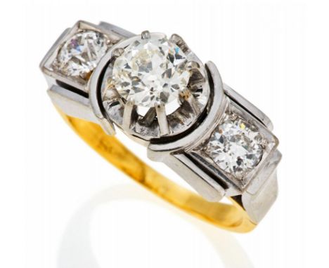 DIAMOND-RING.  Germany. 1960s.  585/- yellow- and white gold, with mark, total weight: ca. 7,5 g. EU-RM: 51,5. 1 old cut-diam