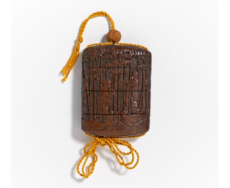 INRÔ WITH THE SEVEN SAGES IN THE BAMBOO GROOVE.  Japan. 19th c.  Four part with covered string tunnel. Dark wood, probably sh