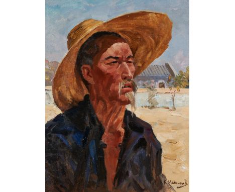 Russischer Meister. 20. Jh Bauer mit Strohhut. Öl auf Leinwand. 56 x 44cm. Kyrillisch beizeichnet unten rechts. Rahmen. Weite