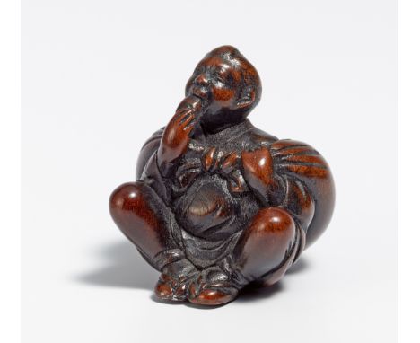 NETSUKE: FARMER WITH LARGE FUROSHIKI BUNDLE.  Japan. 19th c.  Dark wood, carved. Denoted: So-min. H.2,8cm. Condition A/B.  Pr