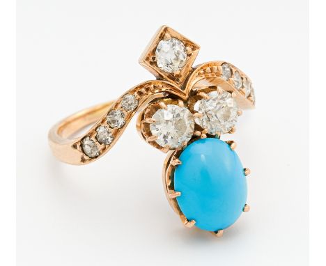 TÜRKIS-DIAMANT-RING. 585/- Roségold, getestet, Gesamtgewicht: ca. 4,0 g. EU-RM: 54. 8 kleine Diamanten im Alt-Schliff Ø ca. 1