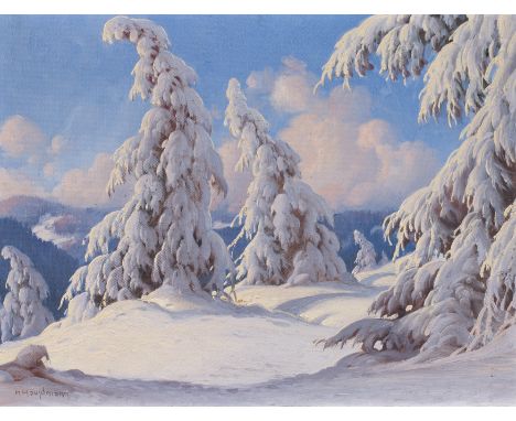 Hauptmann, Karl. 1880 Freiburg - 1947 Todtnau. Tief verschneiter Wald. Öl auf Karton. 30 x 40cm. Signiert unten links: K. Hau