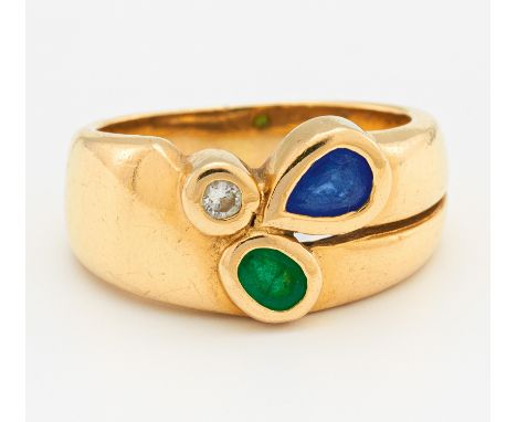FARBSTEIN-DIAMANT-RING. Deutschland. Um 1990. 585/- Gelbgold, Punze, Gesamtgewicht: ca. 7,5 g. EU-RM: 49. 1 Brillant ca. 0,03