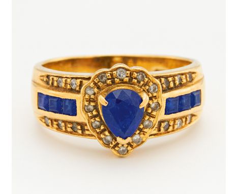 SAPHIR-DIAMANT-RING. 750/- Gelbgold, Punze, Gesamtgewicht: ca. 5,0 g. EU-RM: 49. 25 kleine Diamanten. 6 Saphire im Baguette-S