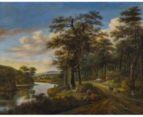 Niederländischer Meister&nbsp;- um 1700 Flusslandschaft mit Figurenstaffage. Öl auf Leinwand. 80 x 112,5cm. Rahmen. Monogramm