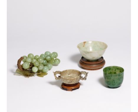 WEDDING BOWL WITH DRAGON HANDLES AND TWO DRINKING BOWLS.  19th-20th c.  Jade, grey with dark veins, light resp. dark green. T