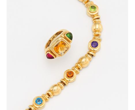 FARBSTEIN-SET: RING UND ARMBAND. 585/- Gelbgold, Punze, Gesamtgewicht: ca. 33,5 g. EU-RM: 52. Länge 17,0 cm. 6 runde, facetti