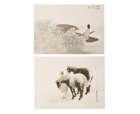 TWO WOODBLOCK PRINTS: LADY IN A BOAT AND TWO HORSES WITH A NOBLE.  China. 20th c. Published: Duo Yun Xuan, Shanghai.  Woodblo