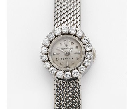 JAEGER LECOULTRE. Armbanduhr. Schweiz. Handaufzug. 750/- Weißgold, Punze, Zffbl. lackiert, bedruckt, Zeiger/Indizes silbern, 