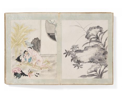 FANFOLD BOOK WITH 18 EROTIC AND 18 BLACK INK PAINTINGS.  China. Qing dynasty. 18th/19th c.  Ink, pigments and white on paper.