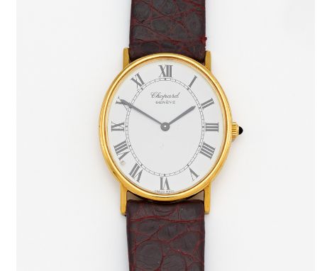 CHOPARD. Armbanduhr. Schweiz. 750/- Gelbgold, Orig.-Lederband, Orig.-Doublé-Dornschließe, Zffbl, lackiert, bedruckt, Zeiger s