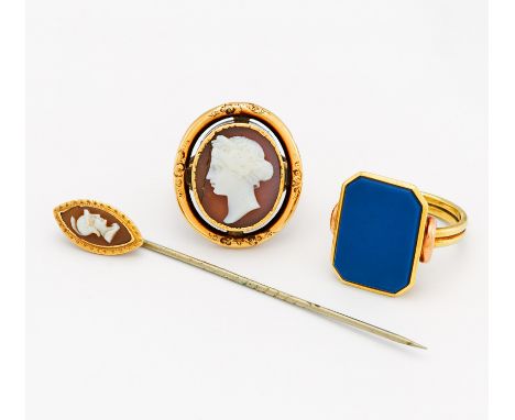 KONVOLUT: KRAWATTENANDEL UND ZWEI RINGE. Deutschland. 585/- Gelbgold, Punze, silberfarben, Gesamtgewicht: ca. 13,0 g. EU-RM: 