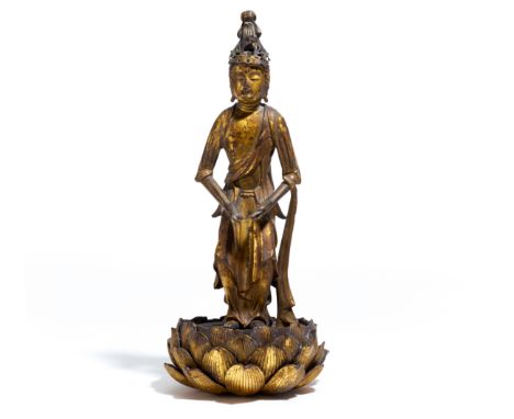 KANNON BOSATSU FROM AN AMIDA RAIGÔ TRIAD.  Japan. Edo period. 18th c.  Wood, carved, gilt lacquer. Crown from gilt bronze. In