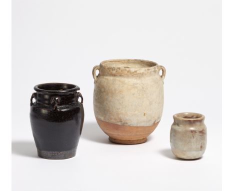 THREE JARS.  China/Asia. Tang dynasty resp. 17th-19th c.  Stoneware with creme colored, black brown resp. thick white opaque 