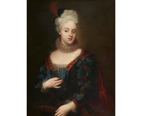 Französischer Meister. 18. Jh.&nbsp;Portrait einer vornehmen Dame mit Feder im Haar. Öl auf Leinwand. Doubliert. 97 x 74cm. R