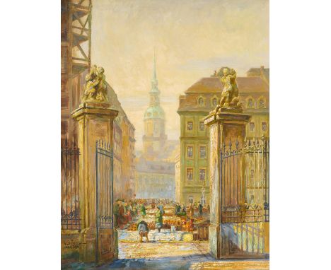 Hübschmann, Karl. 1878 Erfurt - 1955 Dresden. Töpfermarkt auf dem Neumarkt in Dresden. Öl auf Leinwand. 70 x 54,5cm. Signiert