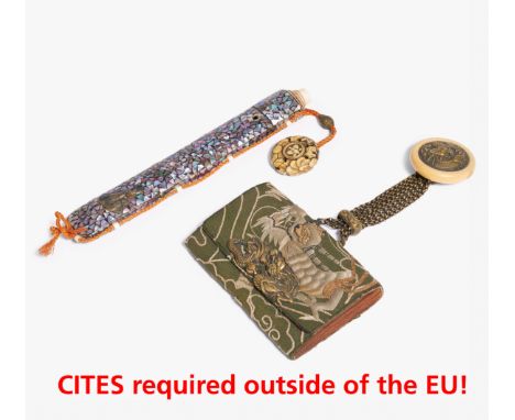 TABAKOIRE AND KISERUZUTSU, EACH WITH NETSUKE.  Japan. 19th c.  Tabakoire: Silk embroidered. Kagamibuta probl. plastic and met