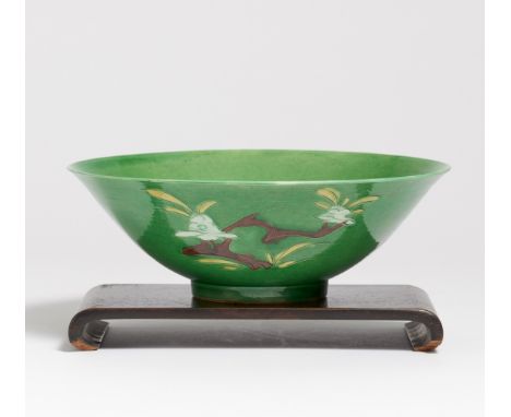 LARGE GREEN BRINJAL BOWL.  China. Kangxi period (1662-1722).  Porcelain with engraved flowering trees, inside lingzhi mushroo