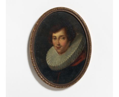 Spanischer Meister. 18. Jh.&nbsp;Portrait eines jungen Herren mit Halskrause. Öl auf Kupfer. 9,2 x 6,7cm. Rahmen.  Voraussich