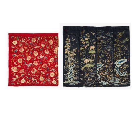 TWO LARGE EMBROIDERED SILK TEXTILES.  China. Qing dynasty (1644-1911). 19th. a) Red milled wool (imported from the West). Lot