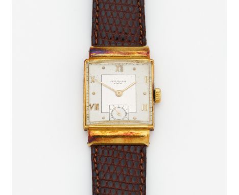 PATEK PHILIPPE. Armbanduhr. Schweiz. Handaufzug. 750/- Gelbgold, getestet, braunes Lederarmband, Zffbl. lackiert, bedruckt, s